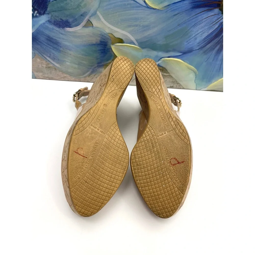 Stuart Weitzman Nude Patent Leather Cork Platform Wedge Peep Toe Sandals Size 6